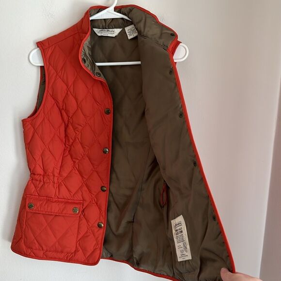 Eddie Bauer Button Down Goose Down Quilted Vest Womens Small Orange preppy EUC! - Picture 9 of 12